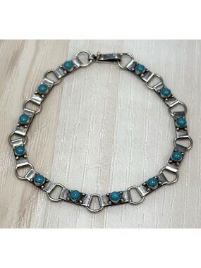 VTG Sterling Silver 925 & Turquoise 7" Chain TENNIS BRACELET Made in Mexico EUC